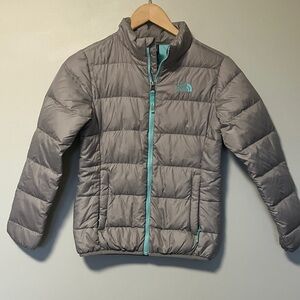 The North Face Kids Gray and Teal Puffer Down 550 Jacket